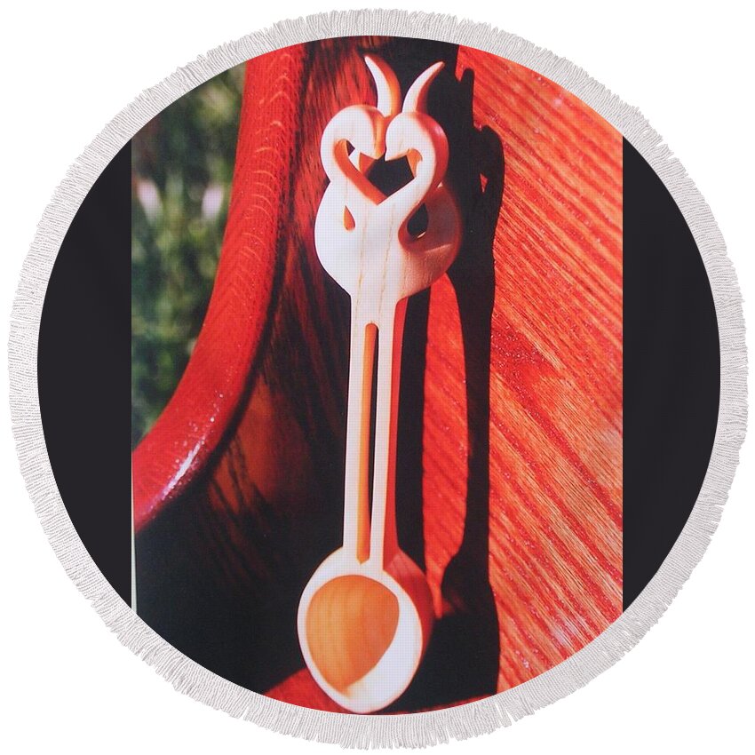 This Welsh Spoon Was Carved From White Ash Wood Using A Twin Swan Design. Round Beach Towel featuring the sculpture Welsh Spoon. by Jack Harries