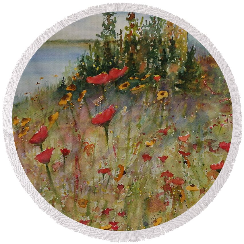 Nature Round Beach Towel featuring the painting Wendy's Wildflowers by Ruth Kamenev