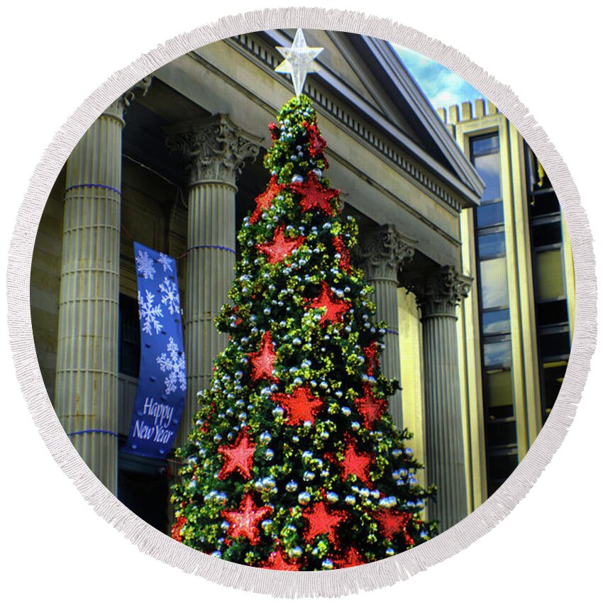 December Round Beach Towel featuring the photograph West Chester Christmas Tree by Sandy Moulder