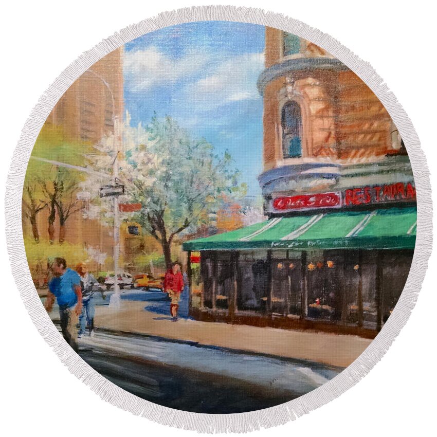 Diner Round Beach Towel featuring the painting West Side Restaurant by Peter Salwen
