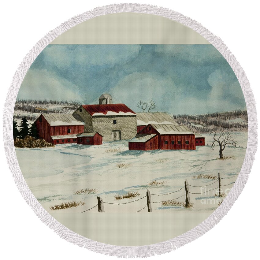 Winter Scene Paintings Round Beach Towel featuring the painting West Winfield Farm by Charlotte Blanchard