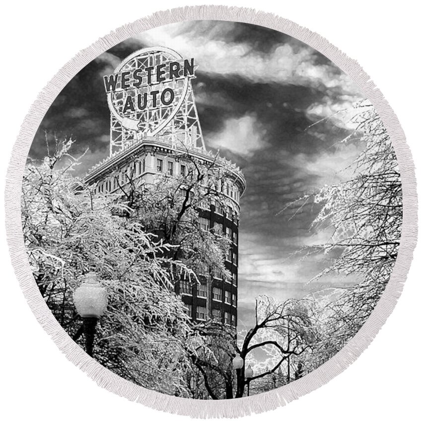 Western Auto Kansas City Round Beach Towel featuring the photograph Western Auto In Winter by Steve Karol