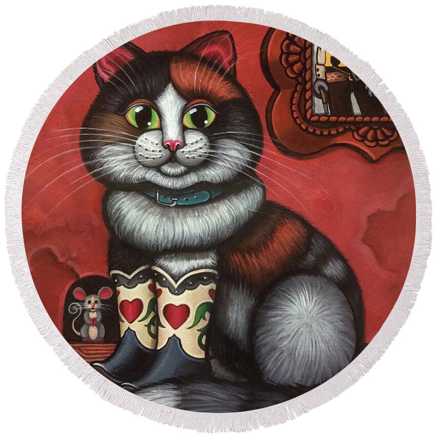 Cat Round Beach Towel featuring the painting Western Boots Cat Painting by Victoria De Almeida
