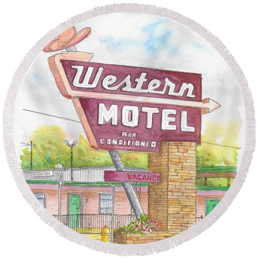 Western Motel Round Beach Towel featuring the painting Western Motel in Bethany, Oklahoma by Carlos G Groppa