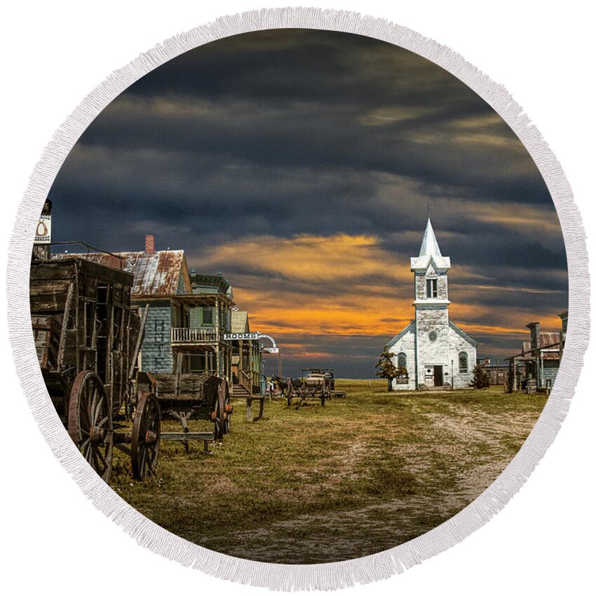 Town Round Beach Towel featuring the photograph Western Prairie 1880 Town in South Dakota at Sunset by Randall Nyhof