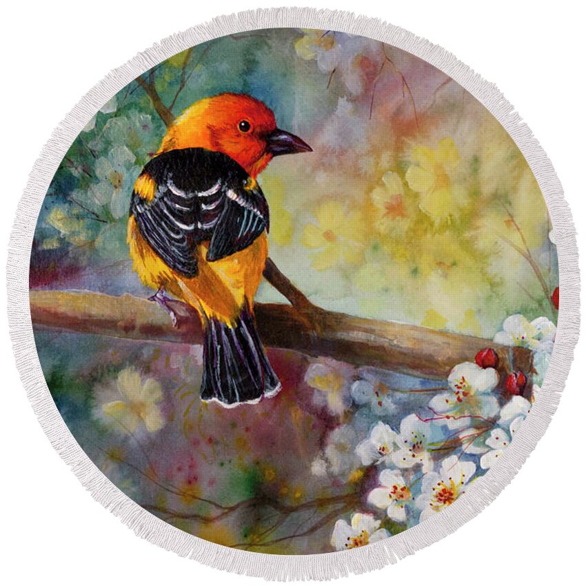 Artwork Round Beach Towel featuring the painting Western Tanager in Pear by Cynthia Westbrook