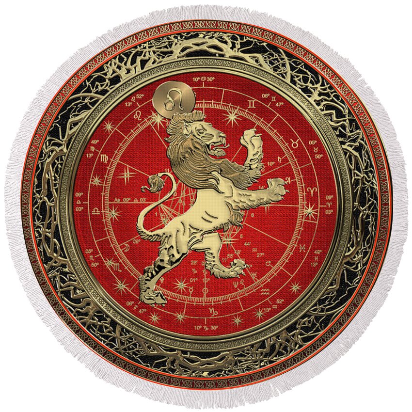 ‘zodiac’ Collection By Serge Averbukh Round Beach Towel featuring the digital art Western Zodiac - Golden Leo - The Lion on Black Velvet by Serge Averbukh