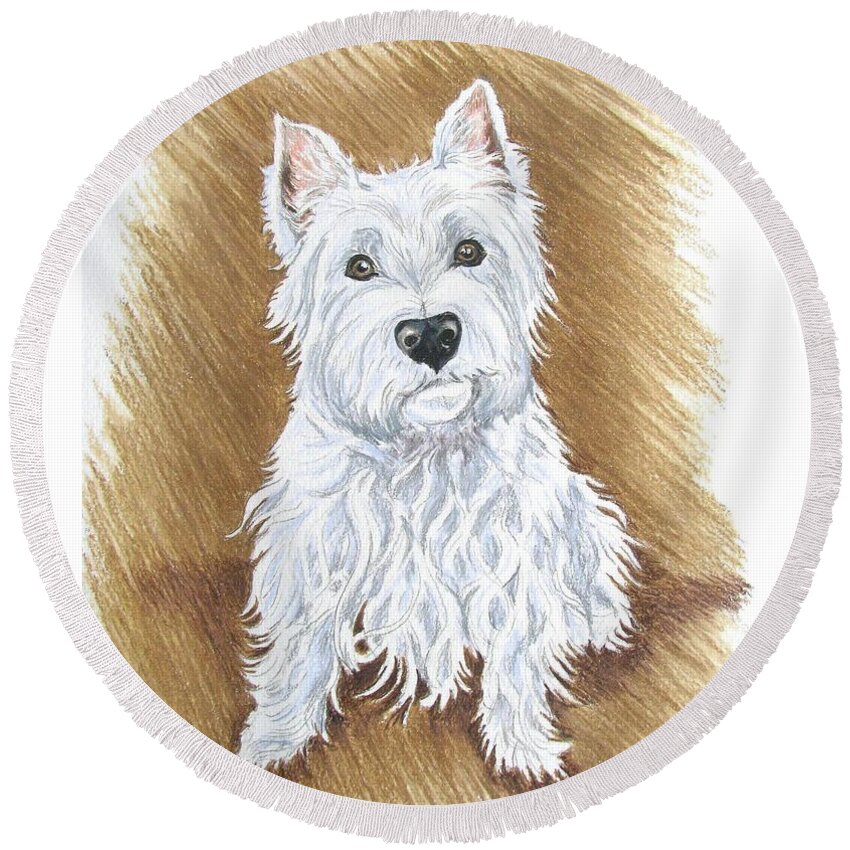 Portrait Round Beach Towel featuring the drawing Westie by Linda Williams