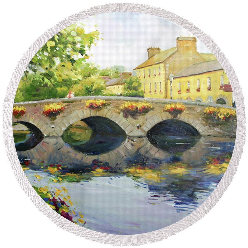Westport County Mayo Round Beach Towel featuring the painting Westport Bridge County Mayo by Conor McGuire