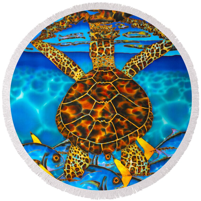 Sea Turtle Round Beach Towel featuring the painting West Indian Hawksbill Sea Turtle by Daniel Jean-Baptiste