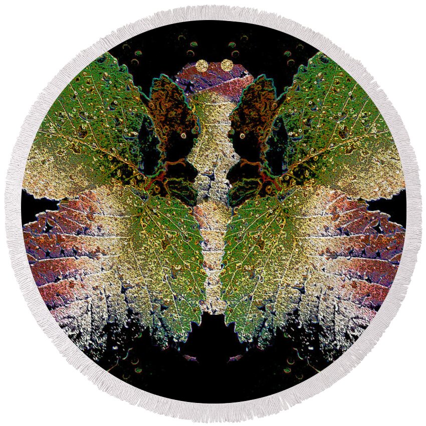 Butterfly Round Beach Towel featuring the photograph Wet Leaf Metamorphosis by Nina Silver
