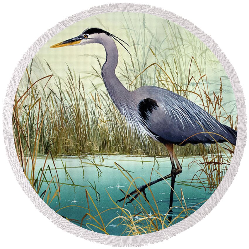 Heron Round Beach Towel featuring the painting Wetland Beauty Heron by James Williamson