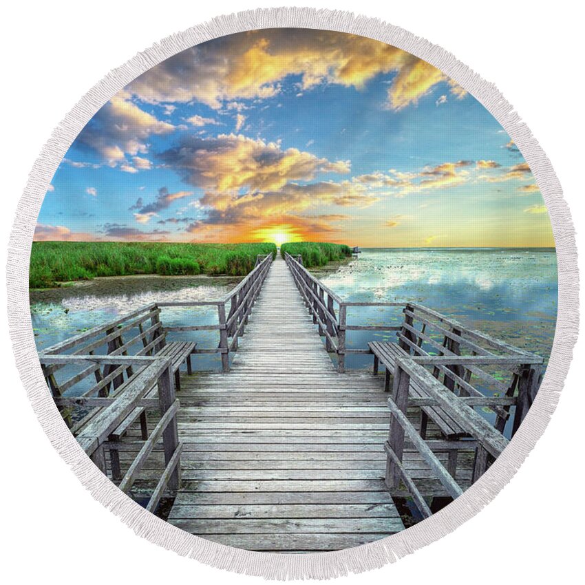 Blue Round Beach Towel featuring the photograph Wetland Marsh Sunrise Treasure Coast Florida Boardwalk A1 by Ricardos Creations