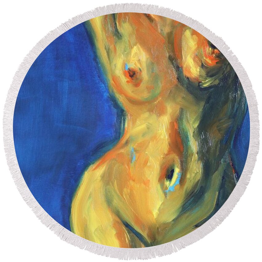 Woman Round Beach Towel featuring the painting What were you dreaming? by Christel Roelandt