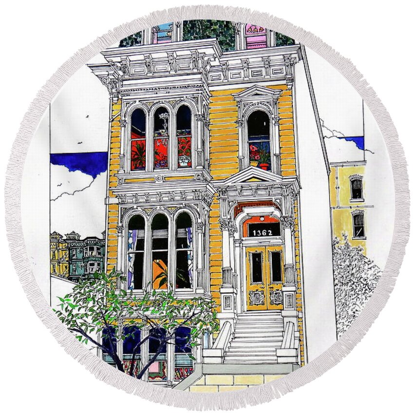 Painted Ladies Round Beach Towel featuring the mixed media What's In Your Window? by Ira Shander