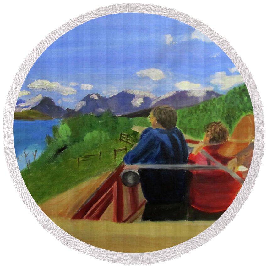 Glacier National Park Round Beach Towel featuring the painting What's Out There? by Linda Feinberg
