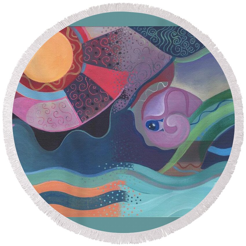 Flow Round Beach Towel featuring the painting When Flow Met Deep by Helena Tiainen