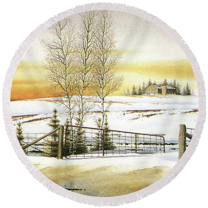 Snow Round Beach Towel featuring the painting When the Snow starts melting by Conrad Mieschke