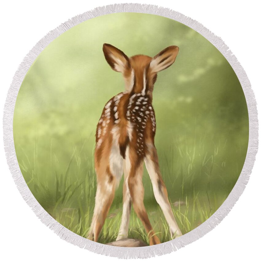 Fawn Round Beach Towel featuring the painting Where is my mom? by Veronica Minozzi