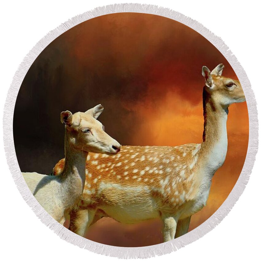 Deer Round Beach Towel featuring the digital art Two Deer at Sunset by Janette Boyd