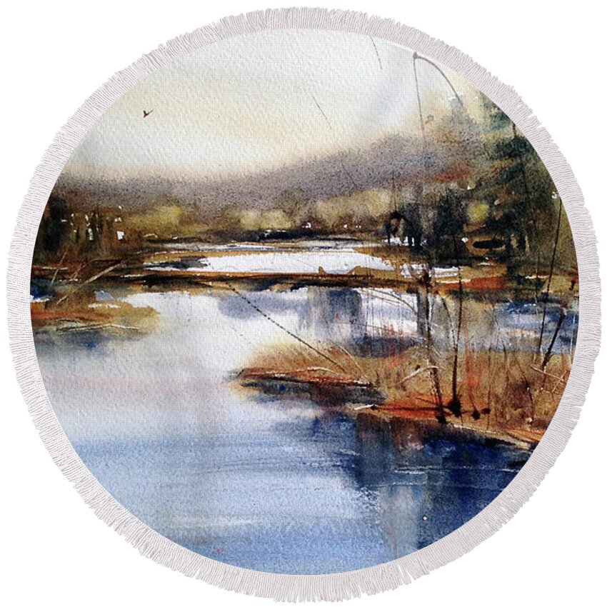 Watercolor Round Beach Towel featuring the painting Where Peaceful Waters Flow by Judith Levins