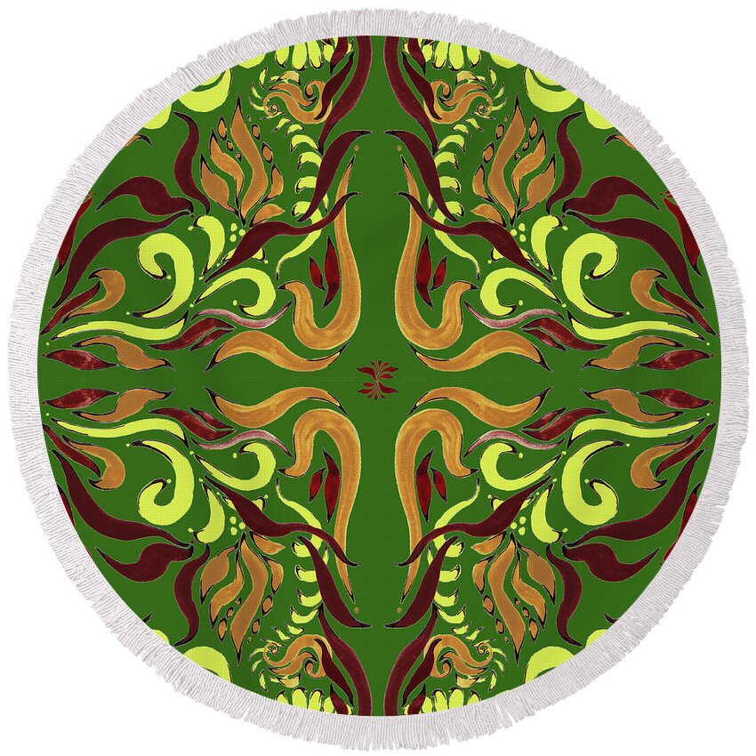 Whimsical Round Beach Towel featuring the painting Whimsical Organic Pattern in Yellow and Green I by Irina Sztukowski