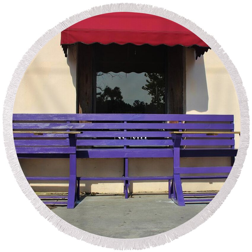Whimsical Round Beach Towel featuring the photograph Whimsical Purple Bench by Cynthia Guinn