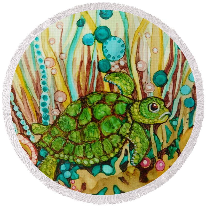 Imaginary Round Beach Towel featuring the painting Whimsical Turtle by Joan Clear