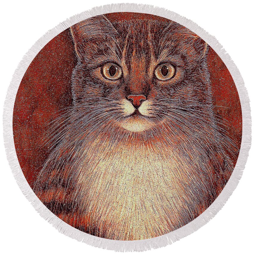 Cat Round Beach Towel featuring the painting Whiskers by Natalie Holland
