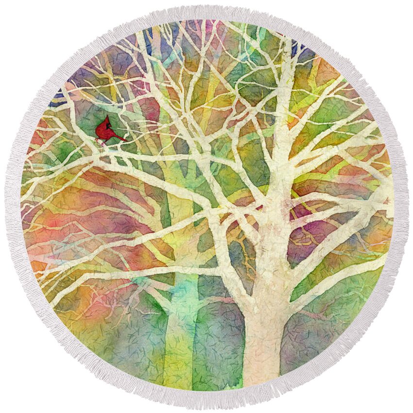 Cardinal Round Beach Towel featuring the painting Whisper by Hailey E Herrera