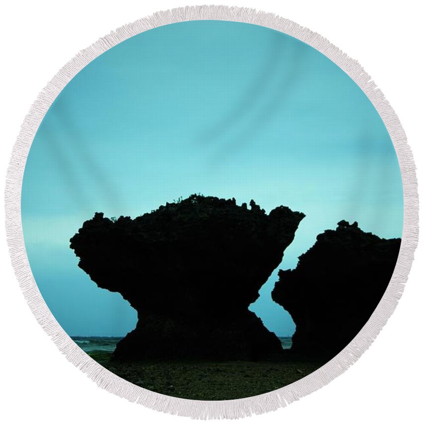 #沖縄 #もとぶ #japan #okinawa #motobu #couple #whisper #igで繋がる空 #cools_japan #japan_of_insta #sky #bure #青 # #beach #seaside #rock #travel_captures #pentax Fa31 Round Beach Towel featuring the photograph Whisper Of A Couple Rocks by Kuro Kuro