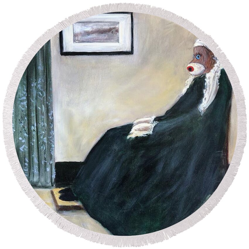 Sock Monkey Round Beach Towel featuring the painting Whistlin Mother by Rand Burns