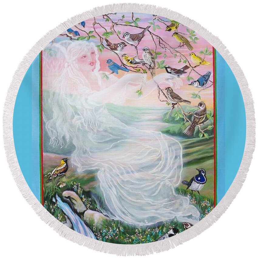 Many Birds Round Beach Towel featuring the painting  Whistling Angel-Break of Dawn  by Sigrid Tune