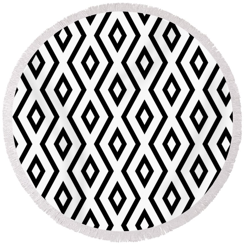 White And Black Round Beach Towel featuring the mixed media White and Black Pattern by Christina Rollo