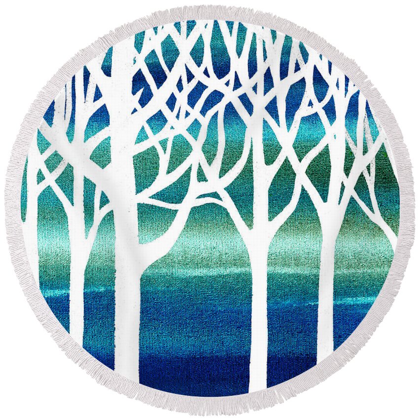 Teal Round Beach Towel featuring the painting White And Teal Forest by Irina Sztukowski
