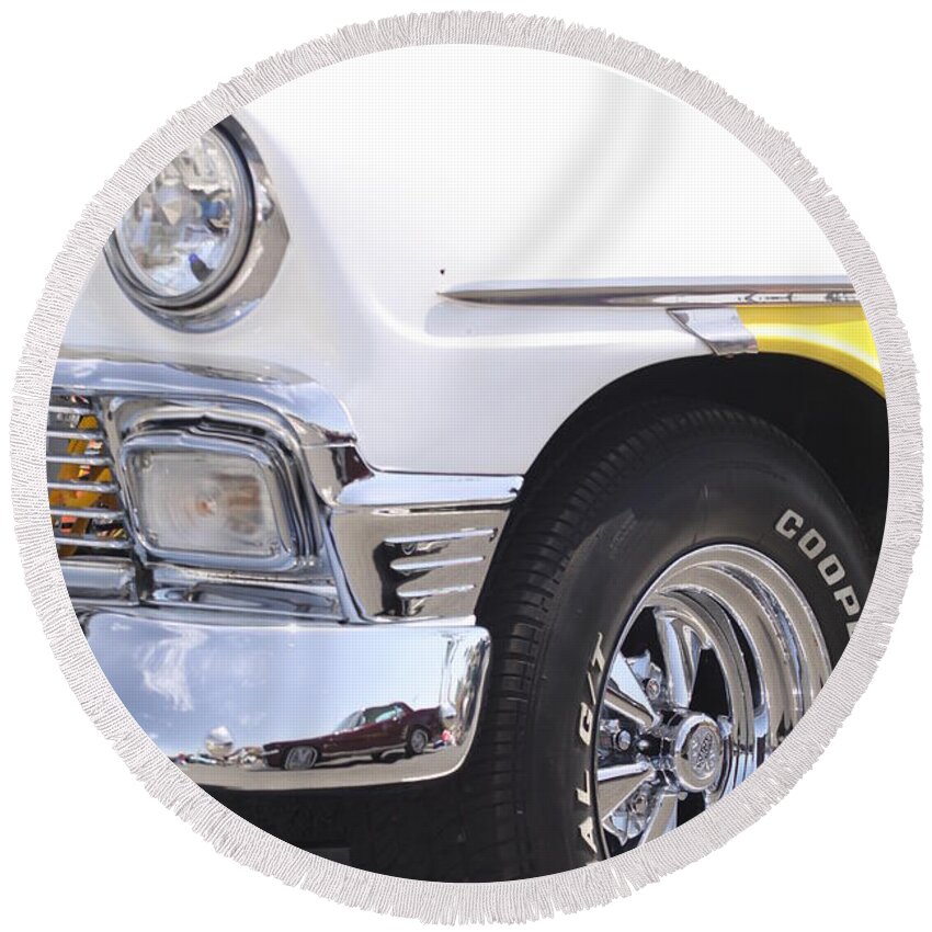 White Round Beach Towel featuring the photograph White and Yellow Classic Chevy by Jeff Floyd CA