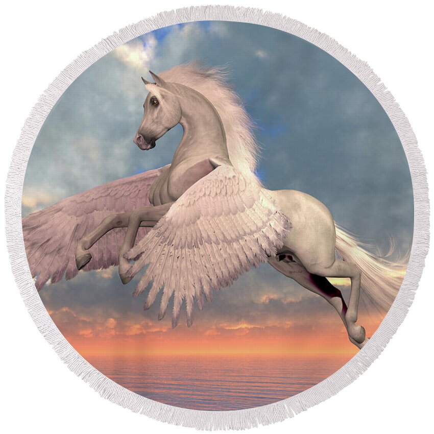 Pegasus Round Beach Towel featuring the digital art White Arabian Pegasus Horse by Corey Ford