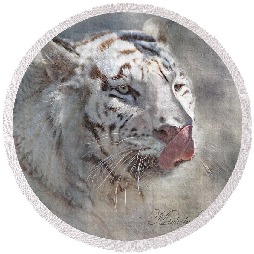 Bengal Round Beach Towel featuring the digital art White Bengal Tiger by Michele A Loftus