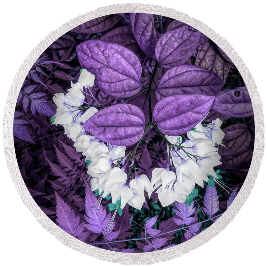 Bleeding Heart Round Beach Towel featuring the photograph White Bleeding Hearts Vertical Purple by Aimee L Maher ALM GALLERY