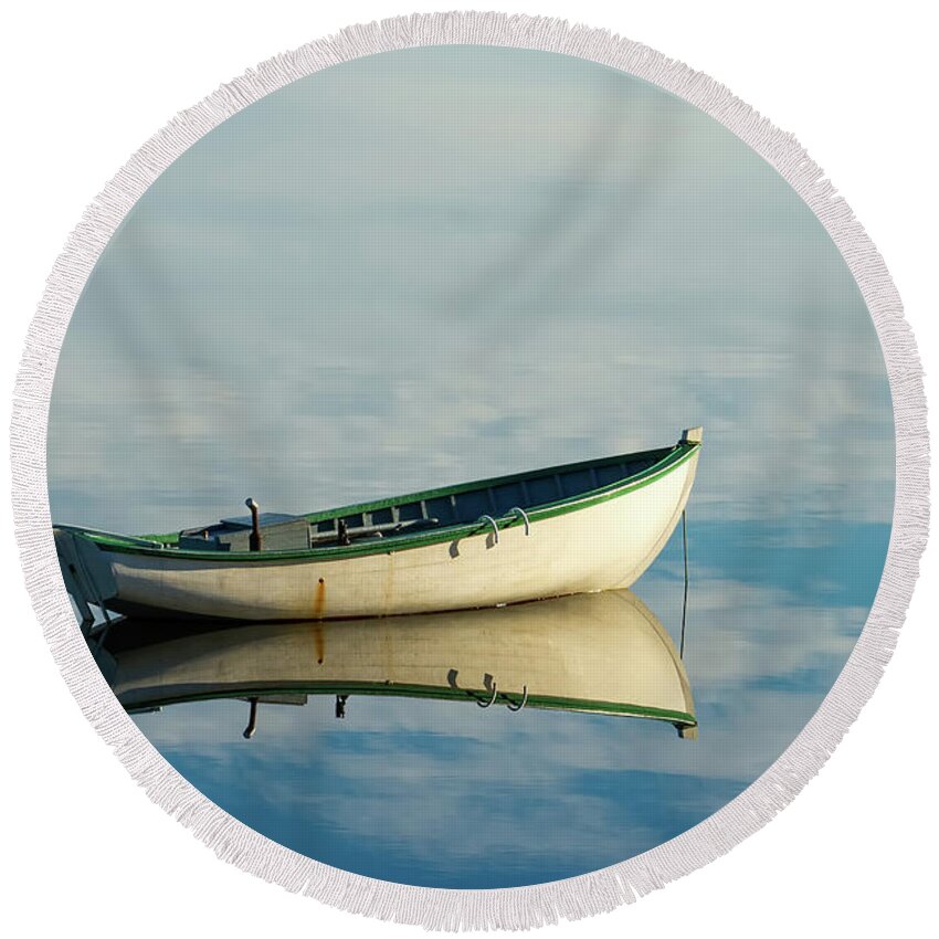 White Round Beach Towel featuring the photograph White boat reflected by Les Palenik