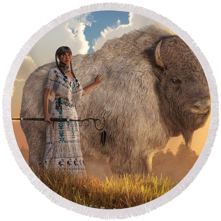 White Buffalo Calf Woman Round Beach Towel featuring the digital art White Buffalo Calf Woman by Daniel Eskridge