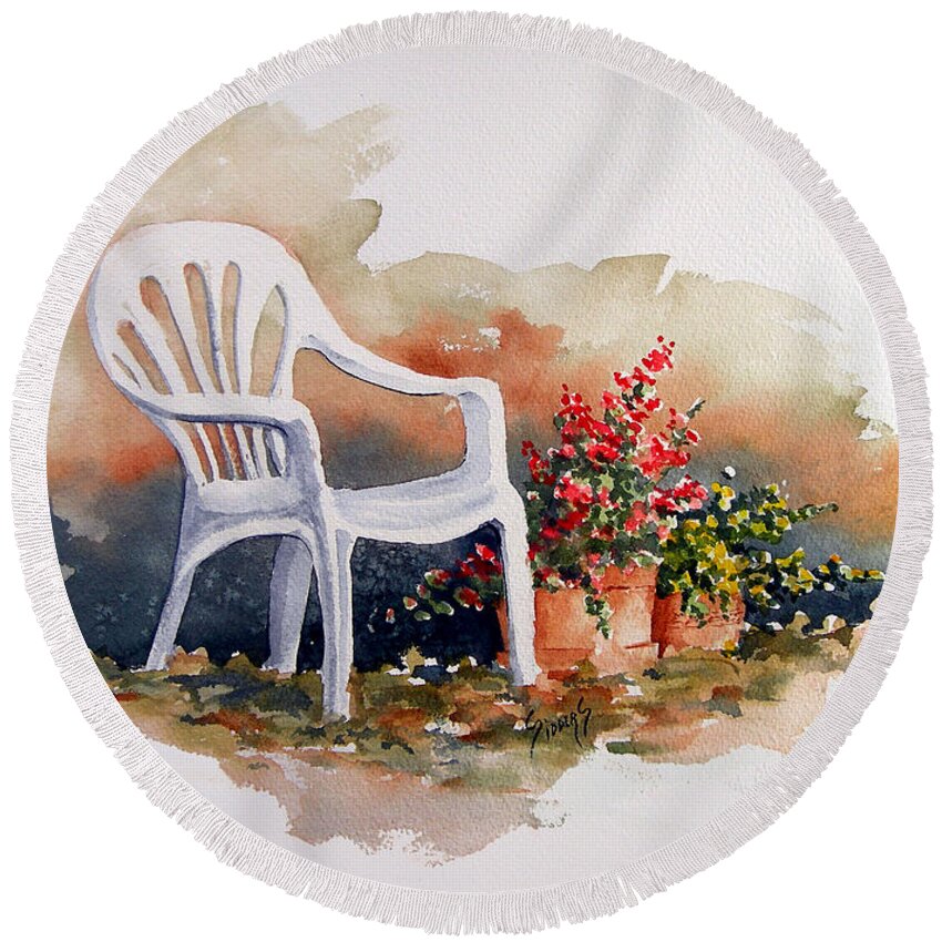 Chair Round Beach Towel featuring the painting White Chair with Flower Pots by Sam Sidders
