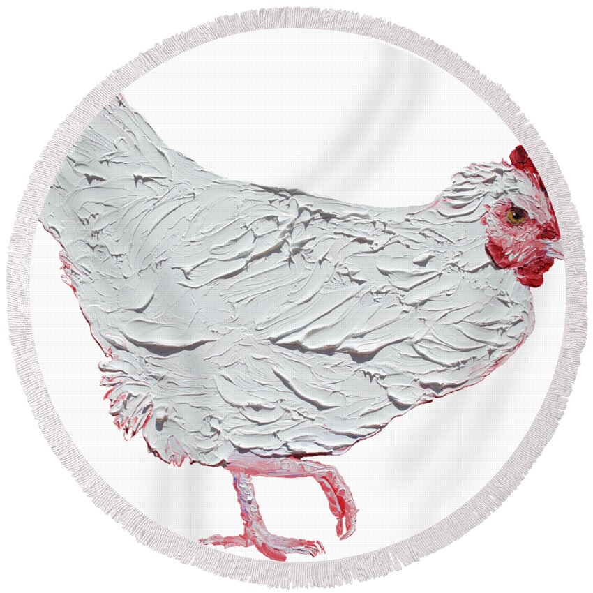 Chicken Round Beach Towel featuring the painting White chicken on white background by Jan Matson
