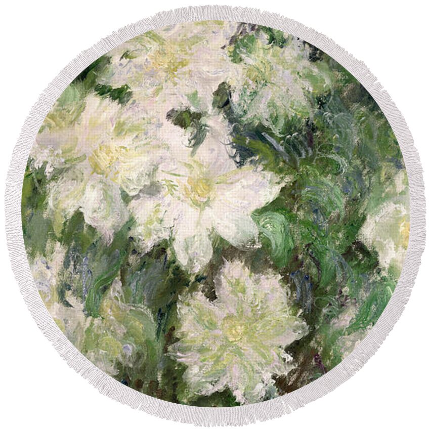 White Clematis Round Beach Towel featuring the painting White Clematis by Claude Monet