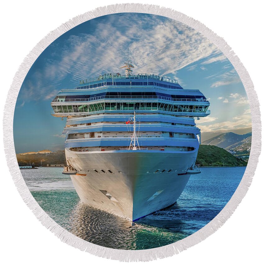 Boat Round Beach Towel featuring the photograph White Cruise Ship from Front by Darryl Brooks