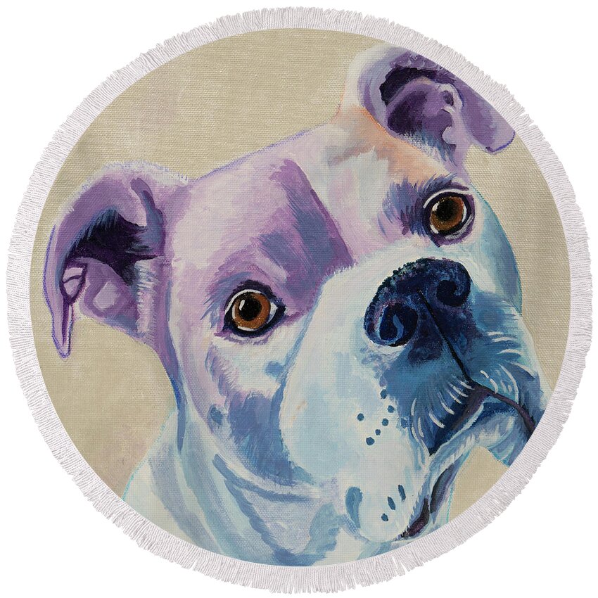 White Dog Round Beach Towel featuring the painting White Dog Portrait by Robyn Saunders