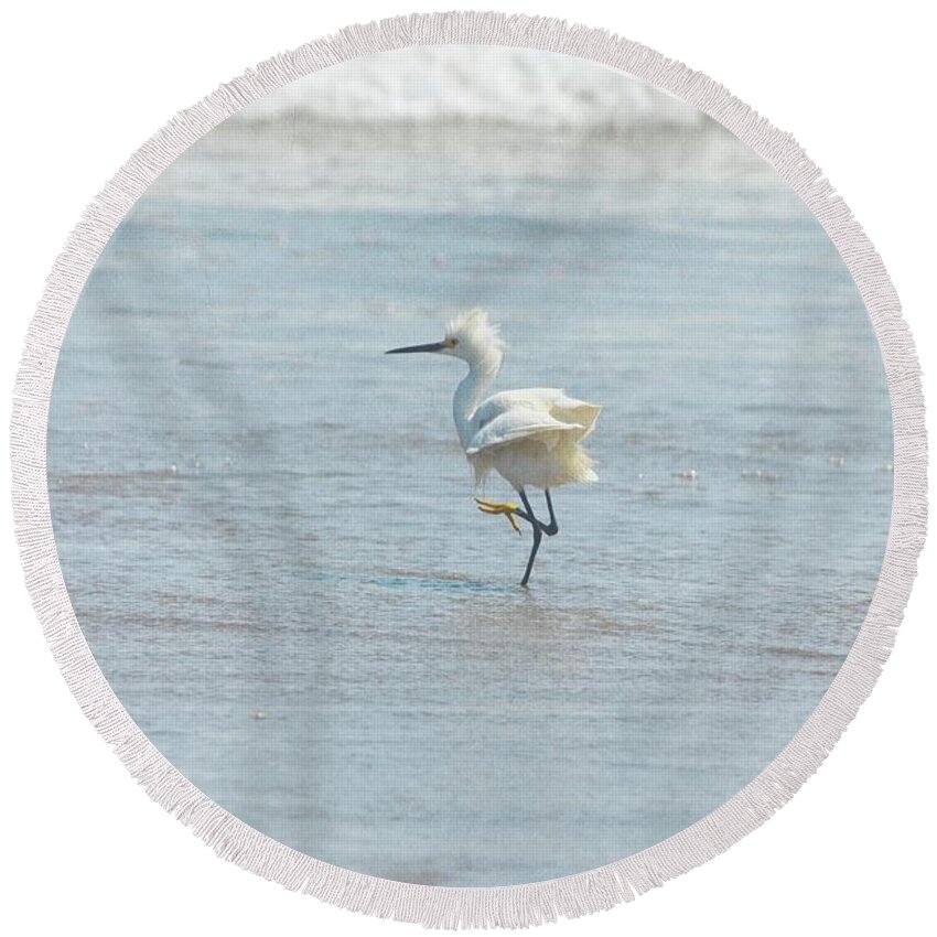 Ocean Round Beach Towel featuring the photograph White Heron On The Beach by Maria Angelica Maira