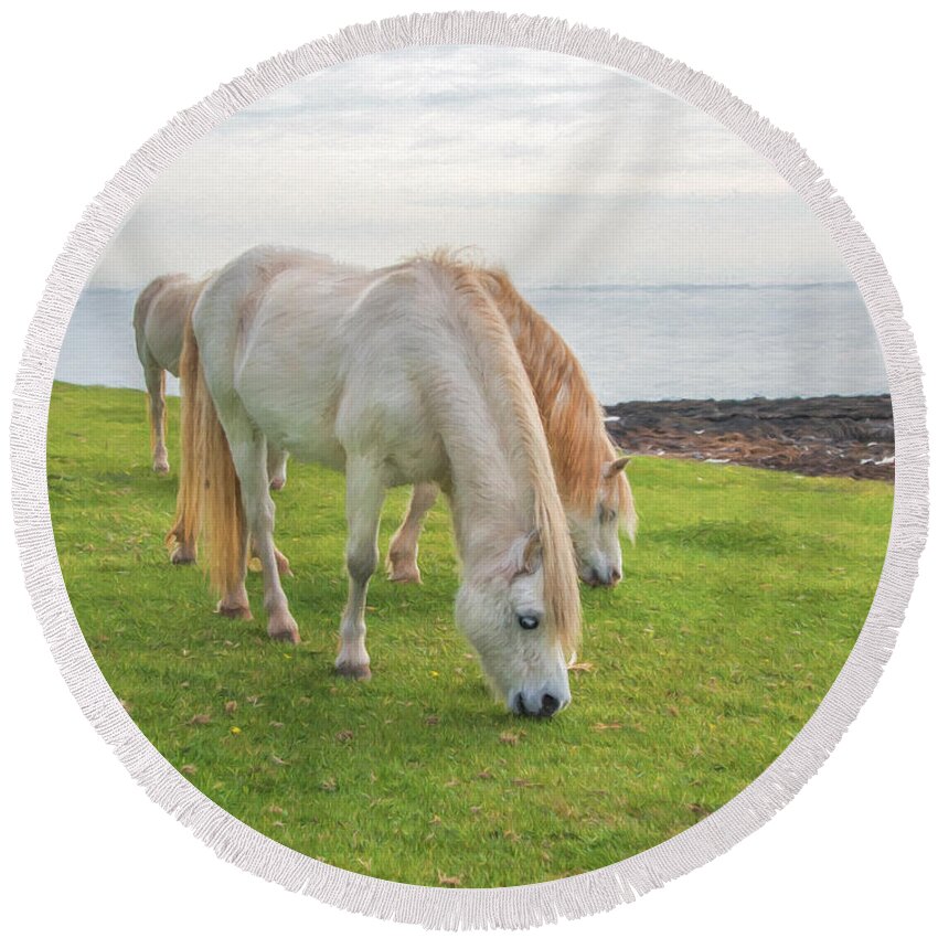 Horse Round Beach Towel featuring the digital art White Horses 2 by Roy Pedersen