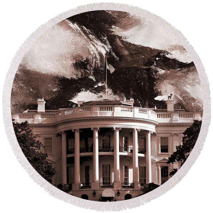 White House Round Beach Towel featuring the painting White House Washington DC by Gull G