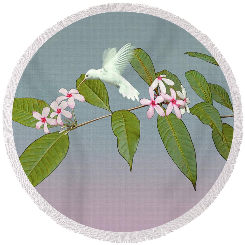 Hummingbird Round Beach Towel featuring the digital art White Hummingbird and Kopsia by M Spadecaller